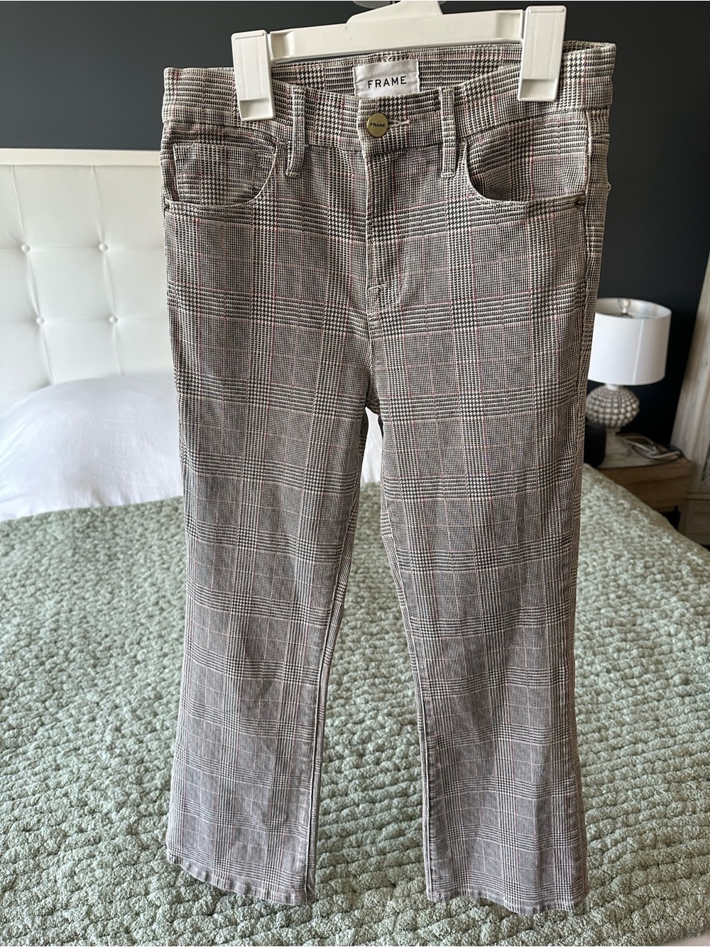 FRAME Le Crop Mini Boot Plaid Pants Size 26 Gray Glen Check Cropped Flare - Picture 3 of 12